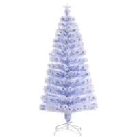 HOMCOM 5ft Tall Pre-Lit Douglas Fir Artificial Christmas Tree with Realistic Branches, Multi-Color LED Lights, Fiber Optics and 180 Tips - White/Blue(m-11)