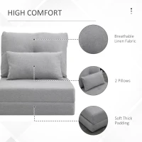 HOMCOM Convertible Flip Chair, Floor Lazy Sofa, Folding Upholstered Couch Bed with Adjustable Backrest, Metal Frame and Pillows for Living Room Bedroom, Light Grey(m-6)