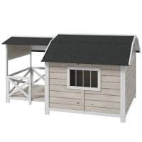 PawHut Wooden Dog House Outdoor with Porch, Raised Pet Kennel for Medium Large Dogs, with Asphalt Roof, Front Door, Side Windows, Gray(m-1)