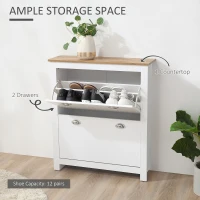 HOMCOM Modern Shoe Cabinet with 2 Flip Drawers and Adjustable Shelves, 12 Pair Shoe Storage Organizer for Hallway, White(m-4)