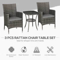 Outsunny 3 Pieces Wicker Patio Furniture Set, Rattan Bistro Set with Glass Top Coffee Table and Cushions, Outdoor Conversation Set for Garden, Porch, Balcony, Mixed Grey(m-4)