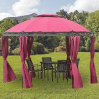 Outsunny 11.5' Patio Gazebo, Outdoor Gazebo Canopy Shelter with Curtains, Romantic Round Double Roof, Solid Steel Frame for Garden, Lawn, Backyard and Deck, Wine Red(m-10)