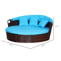 Outsunny 4-Piece Round Convertible Daybed with Cushions, Outdoor PE Rattan Patio Wicker Sofa Set, Sunbed with Adjustable Sun Canopy, Sectional Sofa, 2 Chairs, Table, 3 Pillows, Blue(m-3)