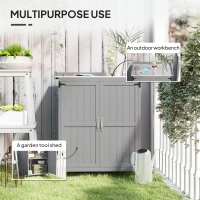 Outsunny Outdoor Storage Cabinet, Garden Tool Shed with Metal Tabletop and Shelf, Wooden Potting Bench with 2 Doors, Gray(m-4)