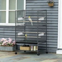 PawHut 52'' Large Rolling Steel Bird Cage Bird House with Rolling Stand, Storage Shelf, Wood Perch, Food Container, Dark Grey(m-1)