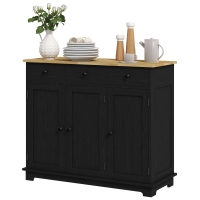 HOMCOM Kitchen Storage Cabinet, Sideboard Floor Cupboard with Solid Wood Top, Adjustable Shelf, and 3 Drawers, Black Wood Grain