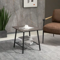HOMCOM Square Side Table with Storage, 2-Tier End Table with Slat Shelf and Metal Frame for Living Room, Gray(m-2)