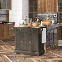 HOMCOM Triple-Cabinet Kitchen Island on Wheels, Kitchen Storage Cabinet with Drawers, Rolling Utility Cart Brown(m-2)