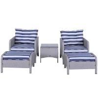 Outsunny 5 Pieces Wicker Patio Furniture Sofa Set Thick Padded Cushions, Outdoor PE Rattan Conversation Coffee Set with Armchairs, Footstools and Glass Top Table, Blue and White(m-2)