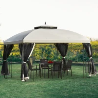 Outsunny 12' x 10' Outdoor Patio Gazebo Canopy with Double Tier Roof, Removable Mesh Sidewalls, Triangular Display Shelves, Beige(m-10)