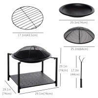 Outsunny 29.1in Outdoor Fire Pit with Screen Cover and Storage Shelf, Wood Burning Fire Bowl with Poker for Patio, Backyard, Black(m-3)