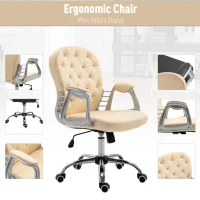 Vinsetto PU Leather Home Office Chair, Button Tufted Desk Chair with Padded Armrests, Adjustable Height and Swivel Wheels, Beige(m-4)
