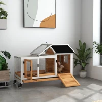 PawHut Wooden Rabbit Hutch with Wheels, Run, Slide-out Tray for Small Animals, Guinea Pig, Yellow(m-10)
