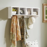 HOMCOM Coat Rack Wall Mount with Shelf, 28" Wall Coat Rack with 5 Hooks and 4 Compartments for Living Room, Entryway, White(m-8)