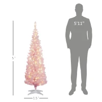 HOMCOM 5ft Pencil Christmas Tree, Slim Artificial Christmas Tree with Snow Flocked Branches and Warm White LED Lights, Pink(m-3)