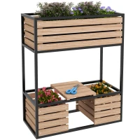 Outsunny Elevated Planter Box, Wooden Raised Garden Bed with Storage Shelf for Flowers, Vegetables, Herbs, Light Brown(m-11)