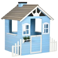 Outsunny Wooden Playhouse for Kids Outdoor with Flower Pot Holders, Door, Windows, Service Stations for 3-7 Years, Blue(m-1)