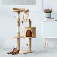 PawHut 45" Plush Sturdy Interactive Cat Condo Tower Scratching Post Activity Tree House - Beige/ White(m-2)