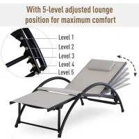 Outsunny Outdoor Lounge Chair with Breathable Mesh Fabric Seat, 5-Level Adjustable Reclining Chair with Aluminum Frame, Headrest Pillow, Adjustable Footrest, Beige(m-5)