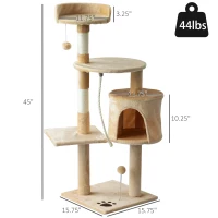 PawHut 45" Plush Sturdy Interactive Cat Condo Tower Scratching Post Activity Tree House - Beige/ White(m-3)