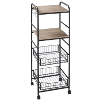 HOMCOM Kitchen Cart with Storage, 16"W Slim Rolling Cart, 4 Tier Kitchen Shelves on Wheels with Side Racks, 2 Basket for Fruit Vegetable, Utility Cart for Narrow Space, Laundry, Oak(m-1)