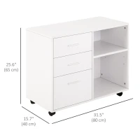 HOMCOM Modern Lateral Filing Cabinet, 3 Drawer File Cabinet for Letter and A4 Size Documents, Mobile, Printer Stand with Open Shelves, Rolling Wheels, White(m-3)