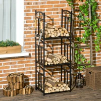 Outsunny 3-Tier Firewood Rack Heavy Duty Wood Storage Log Stacking Shelf with Hanging Hooks, Outdoor Indoor Use, Black(m-9)