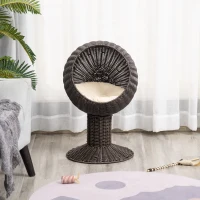 PawHut Elevated Cat Bed with Rotatable Egg Chair Pod, Cat Basket Bed with Thick Cushion, Natural Mat Grass Woven Kitty House, Coffee(m-8)