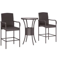 Outsunny 3 Pieces Patio Bar Set, Rattan Bistro Table and Chairs, Outdoor Conversation Furniture Set with Ice Bucket, Dark Brown(m-11)