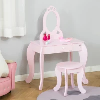 Qaba Kids Vanity Table Set with Mirror and Stool, Drawer, for 3-6 Years, Pink(m-8)