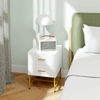 HOMCOM 2 Pieces Nightstands with Storage, Modern Bedside Tables with 2 Fluted Drawers and Gold Legs for Bedroom, White(m-9)