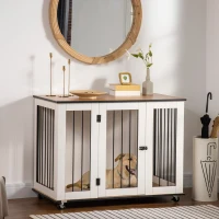 PawHut Dog Crate, Dog Cage End Table with Wheels & Big Tabletop, Indoor Dog Crate Furniture with Lockable Door, White(m-2)