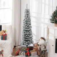 HOMCOM 5ft Flocked Christmas Tree, Pencil Christmas Tree with Realistic Branch Tips, Folding Metal Stand, Green(m-8)