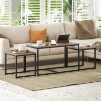 HOMCOM Nesting Coffee Table Set of 3, Modern End Tables with Black Metal Frame for Living Room Home Furniture, Brown(m-7)