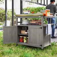 Outsunny Outdoor Grill Cart w/ Stainless Steel Top, Solid Wood Outdoor Kitchen Island w/ Wheels, Storage Cabinets, Gray(m-10)