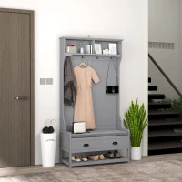 HOMCOM Coat Rack Shoe Bench, Hall Tree with Bench and Shoe Storage, Entryway Bench with 4 Hooks, 2 Drawers, 2 Shelves, Grey(m-1)