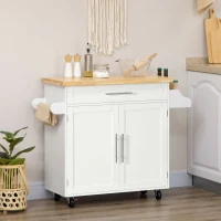 HOMCOM Kitchen Island with Storage, Rolling Cart Trolley with Rubberwood Top, Adjustable Shelf, Drawer, Spice Rack, White(m-8)