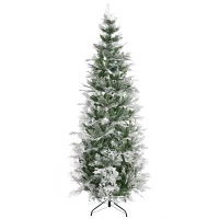 HOMCOM 7.5 Feet Pencil Snow Flocked Artificial Christmas Tree with 880 Realistic Cypress Branches, Auto Open, Green(m-11)