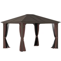 Outsunny 10' x 12' Hardtop Gazebo Steel Covered Gazebo Aluminum Frame Heavy Duty Outdoor Pavilion with Curtains and Netting, Brown(m-2)