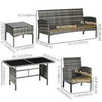 Outsunny 6 Piece Patio Furniture Set with Patio Chairs, Ottomans, Sofa, Glass Top Table and Cushions, Wicker Rattan Outdoor Furniture Set for Backyard, Porch, Grey(m-3)