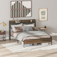 HOMCOM Full Size Bed Frame with Charging Station, Full Bed Frame with Upholstered Headboard and Storage Shelf, Walnut
