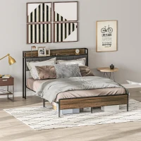 HOMCOM Full Size Bed Frame with Charging Station, Full Bed Frame with Upholstered Headboard and Storage Shelf, Walnut(m-1)