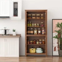 HOMCOM 64" 4-Door Kitchen Pantry, Freestanding Storage Cabinet with 3 Adjustable Shelves for Kitchen, Oak(m-9)