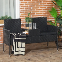 Outsunny Patio Furniture w/ Mid-Table PE Rattan Loveseat w/ Cushion, Black