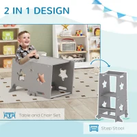 Qaba 2 in 1 Toddler Tower with Safety Rail for Bathroom, Sink, Kitchen or Counter, Gray(m-5)