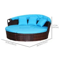 Outsunny 4 Pieces Outdoor Daybed with Retractable Canopy, PE Rattan Wicker Round Sofa Day Bed, Patio Sectional  Conversation Furniture Set with Cushions and Pillows, Light Blue(m-3)