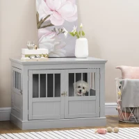PawHut Wooden Dog Crate End Table, Dog Crate Furniture with Triple Doors, Puppy Crate for Small Dogs Indoor Use, Dark Gray(m-2)