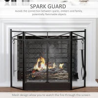HOMCOM 3-Panel Folding Fireplace Screen with 2 Magnetic Doors and Fire Place Tools Set, Fire Spark Guard for Wood Burning, with Brush, Shovel, Poker, Firewood Tongs, 48" x 0.75", Black(m-4)