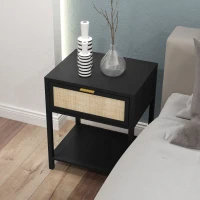 HOMCOM Boho Nightstand, Bedside Table with Rattan Drawer and Open Shelf, Side End Table for Bedroom, Living Room, Black(m-7)