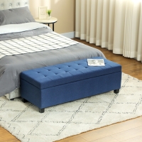 HOMCOM Rectangular Entry Bench, Tufted Upholstered Linen Fabric Wood Feet Storage Ottoman Bench, Blue
